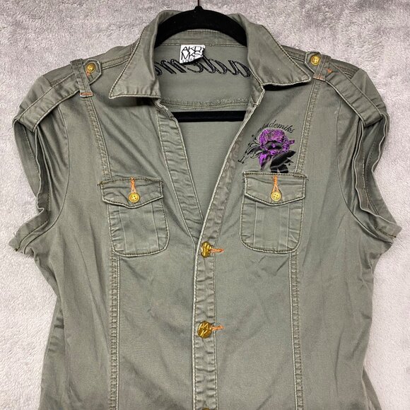 Akademiks  Womens Olive Green Cotton Jumpsuit L Button Up Y2K Gorpcore Pockets - Picture 3 of 14